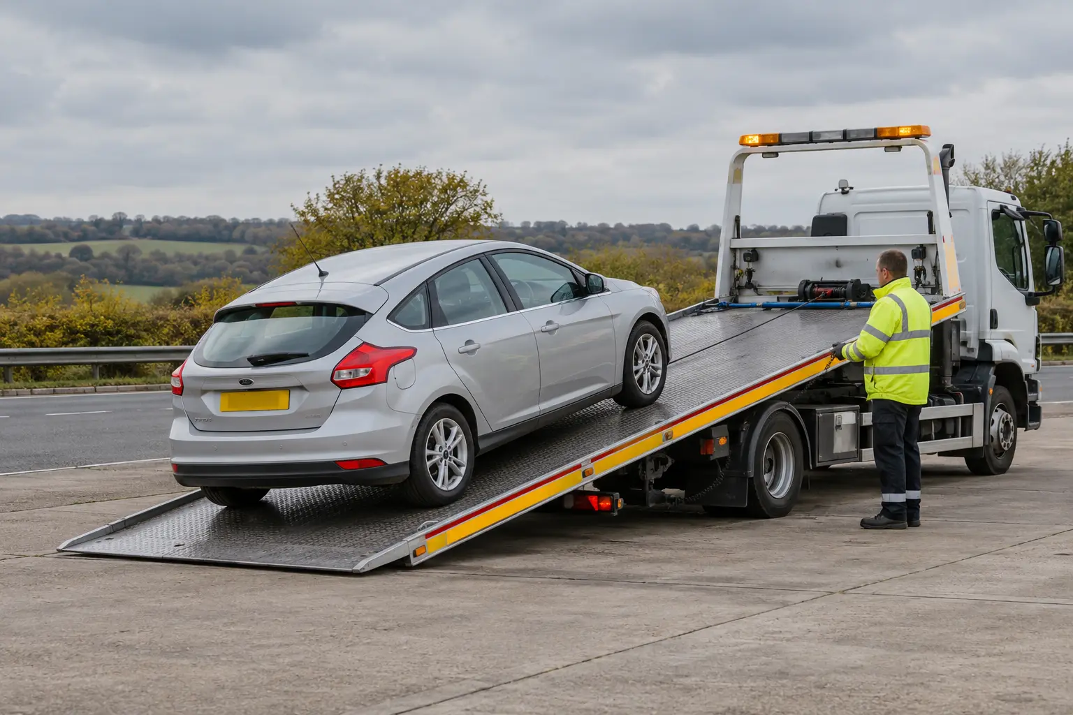 Recovery driver in hi-vis winching a broken-down car onto a flatbed
