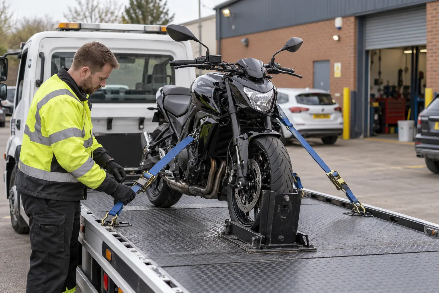 Recovery driver strapping a motorbike onto a flatbed
