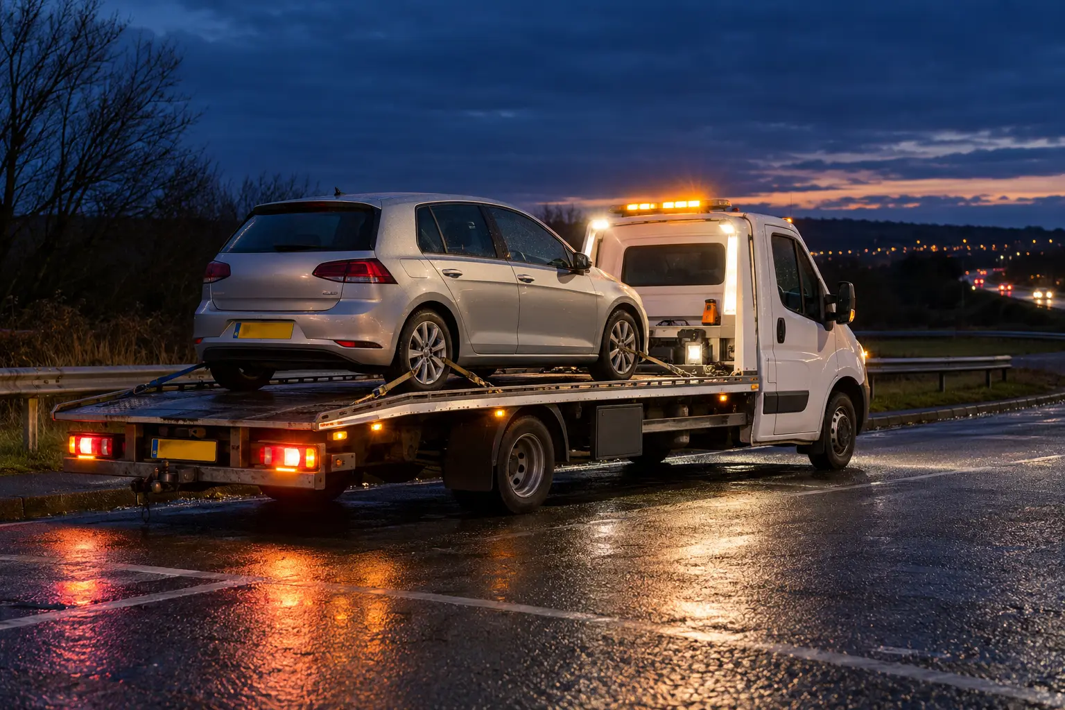 Night-time breakdown recovery with a car on a flatbed truck