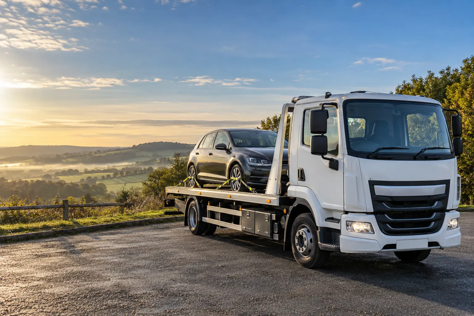 JOJ Recovery flatbed recovery truck carrying a car at sunrise in the Chilterns