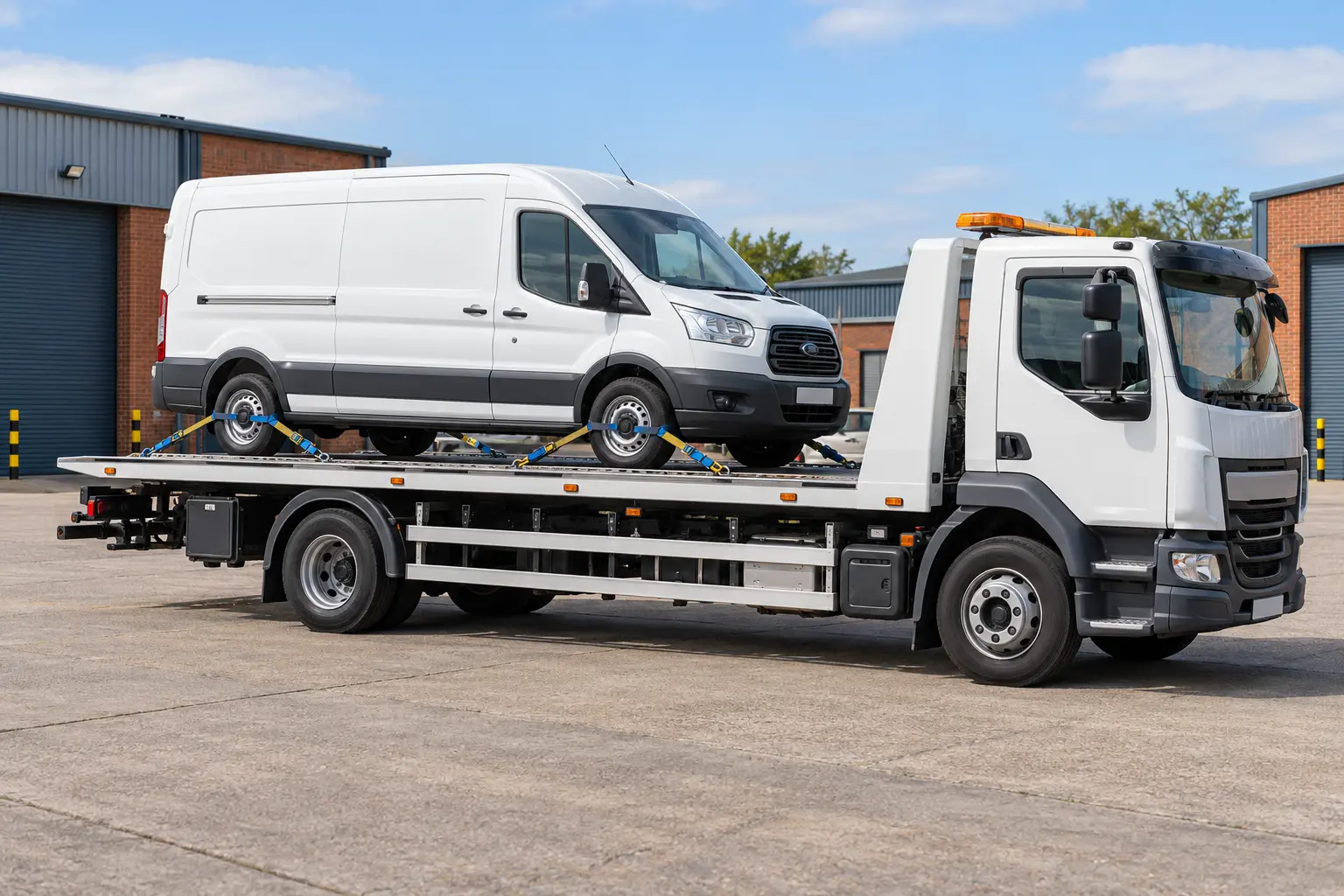 Van loaded onto a flatbed for van recovery