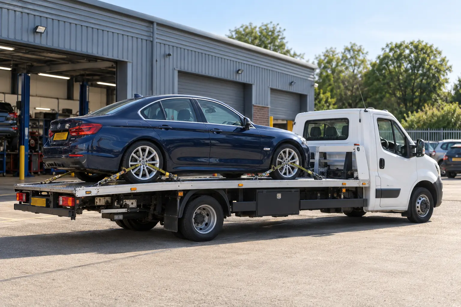 Car secured on a flatbed for vehicle transport to a garage