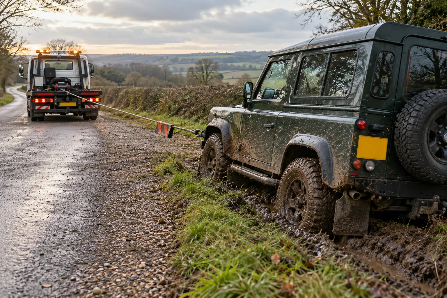 Recovery truck winching a 4x4 out of mud on a country lane